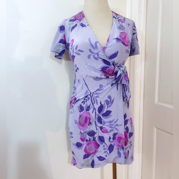 Vintage Silk Wrap Knotted Floral Purple and Pink Print Dress - Picture 2 of 8